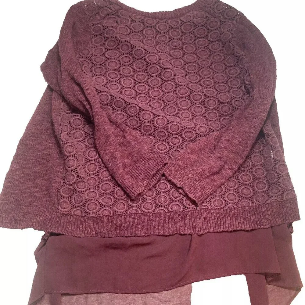 Lucky Brand Burgundy Knit Crochet Lace Sheer Split Back XS